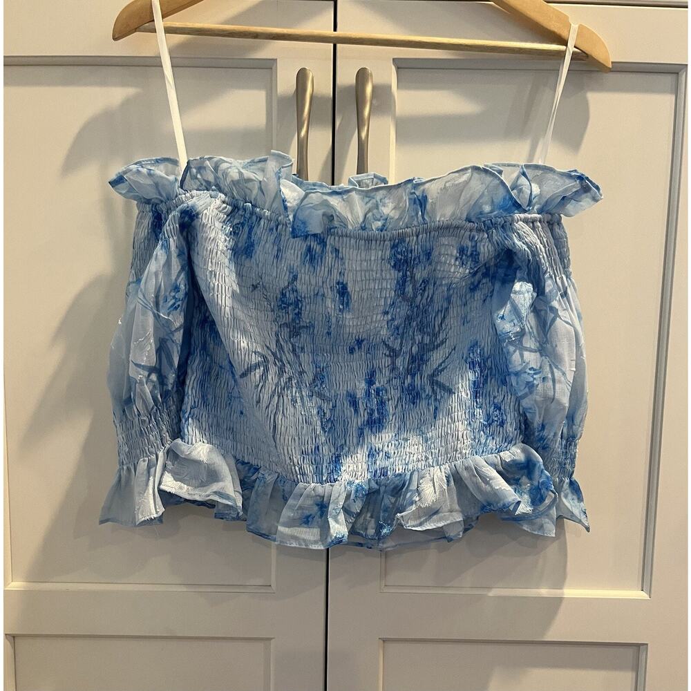 Destinaire women’s smocked off shoulders ruffled top size S blue fairy NWOT